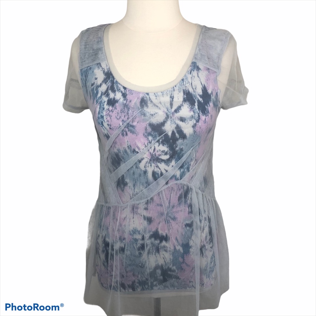 Meadow Rue Sheer Overlay Tie-Dye Scoop Neck Top In Lavender And Gray